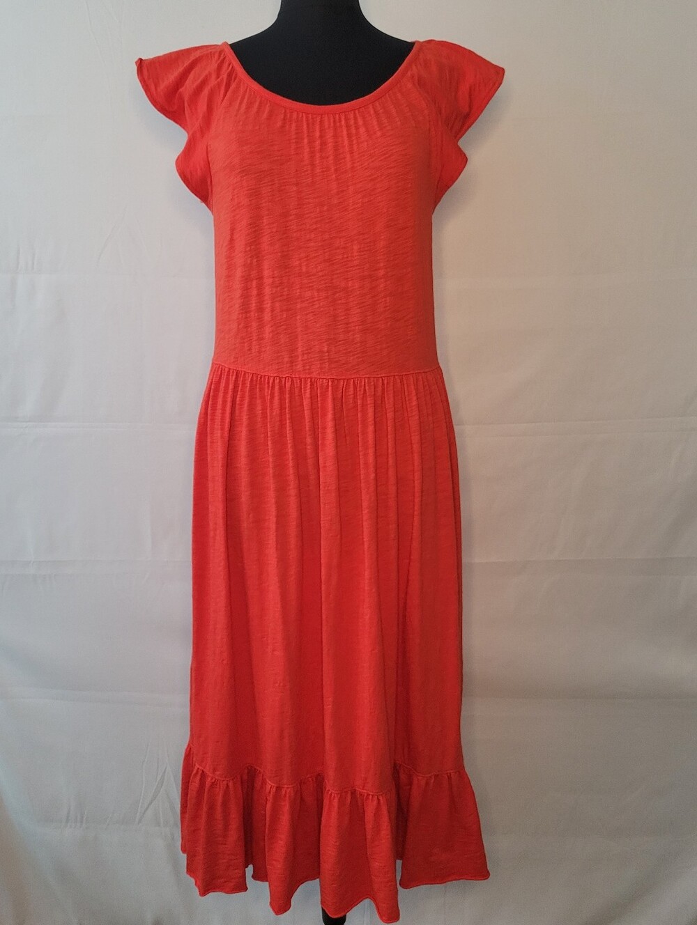 Lilla P Coral Red Tiered Ruffle Cap Sleeve Midi Dress